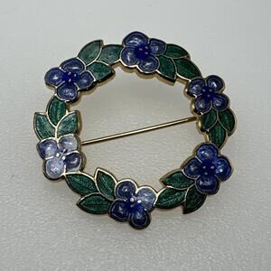 Pansy Brooch Pin Made By Fine Enamels 22k Gold Plated Blue Flowers Green Leaves